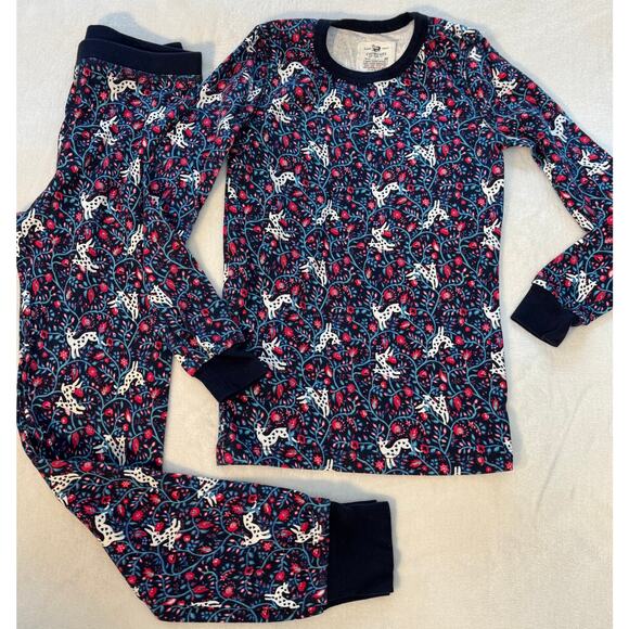 Crewcuts J Crew Girls 2 Piece Navy Holiday PJs Pajamas Deer Print Long Johns 10 - Picture 1 of 7
